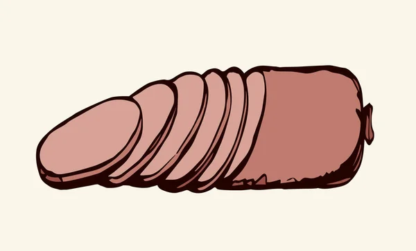 정육점 돼지고기 Bratwurst 화이트 피크닉 배경에 포장에 복고풍 스타일 텍스트 — 스톡 벡터