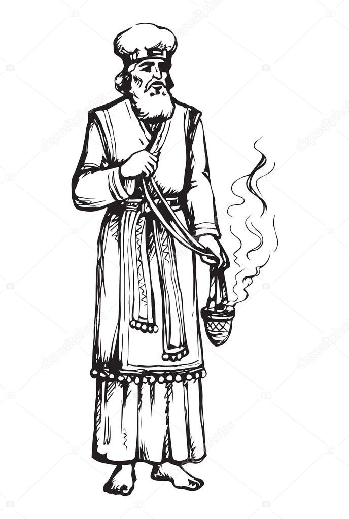 Moses torah historic divine ministry culture. Old bearded Aaron in tunic, turban with censer of incense. Line black ink hand drawn judaic leader sketch in vintage art east engrave style pen on paper