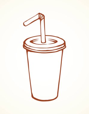 Lezzetli serin buz tatlı gaz softdrink kokteyl plastik Dara beyaz arka plan üzerinde baba. Çizgi siyah mürekkep el sanat doodle gravür tarzı kalem kağıt üzerinde alanı ile metin etiket üzerinde çizilmiş kupa logo kroki