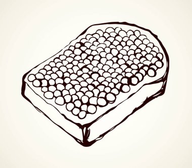 Çavdar ekmeğinin üzerine yağlı, leziz beluga yumurtası ekmekler. çizgi siyah renkli mürekkep çizili logo işaret simgesi çizimi klasik karalama grafik karikatür tarzı kalemle beyaz boşlukta yazı için. Yakın görünüm