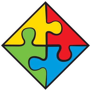 Beyaz zemin üzerinde izole mürettebat İttifak İdeogram resmi. Takım multi renk kırmızı, sarı, mavi, yeşil düz adımları siyah çerçeve içinde ayarlayın. Yaratıcı sanat modeli tasarımı. Jig saw grafik swot döşeme planı