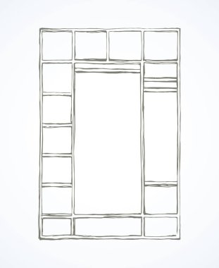 Ahşap stillage bölüm tasarım beyaz zemin üzerinde. Serbest çizim siyah mürekkep elle çizilmiş simgesi simgesi planında modern sanat doodle karikatür siluet stil kalem kağıt üzerinde. Metin için yer ile açık ayrıntı görünümü