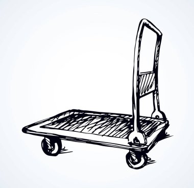 Büyük boş forklift paketlenip dolly sepet beyaz platform zemin üzerinde. Siyah anahat mürekkep elle çizilmiş ürünler vagon logo işareti sembol kroki modern sanat doodle karikatür tarzı kağıt alanı için metin kutusu
