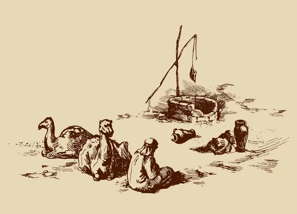 Moe Reis Oude Historische Bijbelse Nomade Zetel Dorre Hete Wilde — Stockvector