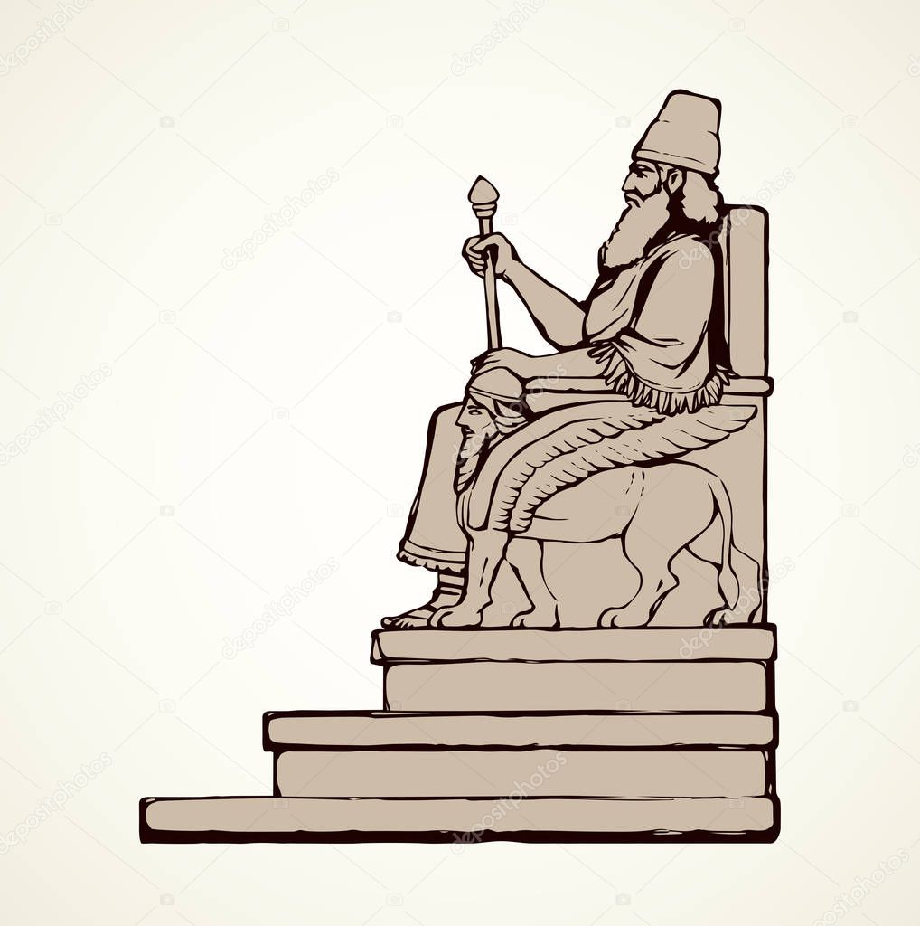 Past famous biblical semitic ruler Sargon in diadem. Ink hand drawn emblem image sketch in retro art cartoon graphic style with space for text on white paper background. Old profile person portrait