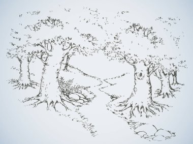 Dar hat büyük yemyeşil eski oakwood bitkiler arasında. Serbest el anahat mürekkep el resim kabataslak kağıt üzerinde sanat karalama retro tarzı hapiste çekilmiş. Metin için yer doğal kırsal görünümüyle beyaz gökyüzü zemin üzerinde