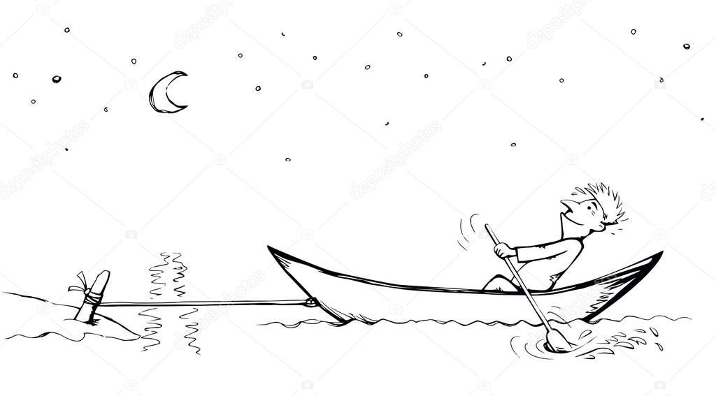 Strength male figure struggle push oar kayak isolated on river background. Hand drawn incorrect goal infinite labour sea travel symbol sketch in art retro doodle comic style with space for text on sky