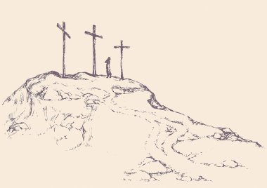 Üç tarihi Yahudi eski mezar roods. Geleneksel beyaz zemin üzerinde izole çarmıha sahne ödünç verdi. Siyah mürekkep el çizilmiş resim kroki doodle retro tarzı kalem kağıt ve alan metin üzerinde sky için anahat