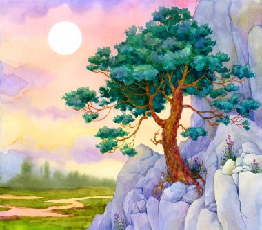 Renkli parlak el çekilmiş suluboya kroki üzerinde kağıt zemin gloaming cennet üzerinde metin için yer ile. Sessiz romantik akşama bahar kırsal sahne. Yeşil pinetree blöf üzerinde. Ay Vadisi üzerinde