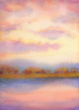 Kağıt zemin üzerinde renkli, neşeli el yapımı suluboya. Turuncu cennette yazı için yer var. Ufuktaki yemyeşil çalılarla aydınlık güneş ışığının üzerindeki parlak mor kümülüs berrak akıntıya yansıyor.