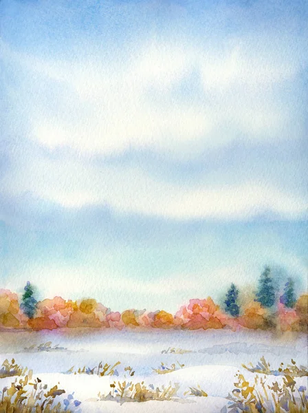 テキストのためのスペースを持つ紙を背景にカラフルな美しい鮮やかな水彩画 シリーズ 乾燥した薮の地平線上のもみと雪に覆われた渓谷の曇りの日に灰色の雲 — ストック写真