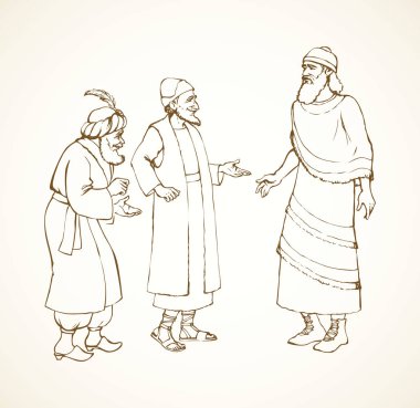 Yaşlı sakallı Orta Doğu Sümer Sami Aramean İncille kıyafetleri içinde asil Asuri: keten tunik saçaklar, eski şapka ile deri bot dantel ile. Anahat mürekkep el vintage gravür tarzı çizilmiş kroki