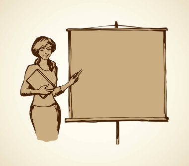 Bayan fiske vurmak ve kitap ile beyaz billboard zemin üzerinde talimat Office'te açıklamak. Mürekkep el sanat doodle modern tarzı kalem kağıt üzerine çizilmiş resim kroki anahat. Metin için yer ile açık closeup görünümü