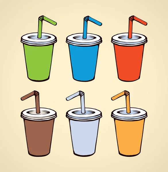 Lezzetli gazlı serin buz tatlı gaz softdrink kokteyl canlı plastik Dara beyaz arka plan üzerinde baba. Parlak renk elle çizilmiş kupa logo eskiz sanat doodle tarzı. Metin için yer ile yakın
