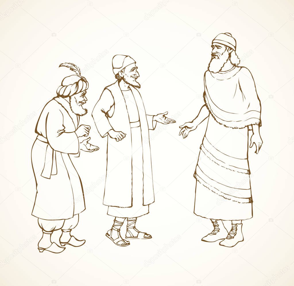 Aged bearded noble chaldean in middle east sumer semitic Aramean biblical attire: linen tunic with fringes, old hat, leather boots with laces. Outline ink hand drawn sketch in vintage engraving style