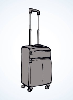 Büyük kapalı taşımak gövde kutusu sac beyaz Havaalanı zemin üzerinde. Takım elbise büyük holdall taşıyıcı freehand anahat siyah mürekkep el çekilmiş logo amblem yarım yamalak retro sanat doodle stil tükenmez kalemle kağıt ve alan metin için