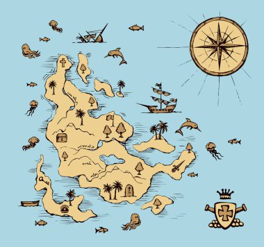 Ortaçağ Isle yer planı kart mavi su zemin üzerinde yaşlı. Oyun görünümü. Serbest çizim sanat karikatür doodle notta siyah mürekkep çizilen yolculuk yol simgesini işaret kroki etch tarzı kalem kağıt alanı metin için