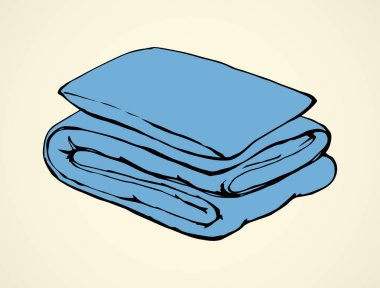 Temiz rahat rahat kalın tüy divan mavi kadife atmak rulo ve navi takoz beyaz yatak odası zemin üzerinde. Parlak cyen renk el rahat logo retro doodle grafik stilini ve metin için yer kabataslak çizilmiş