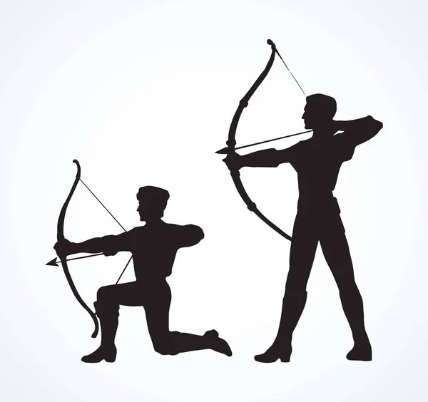 Athletic Power Shooter Boy Figure Stand Knee Longbow White Backdrop — Stock Vector