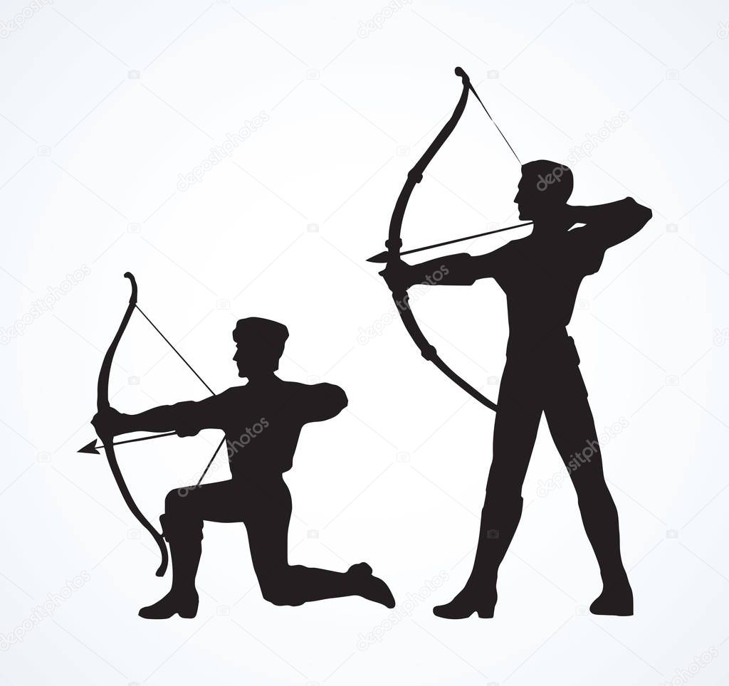 Athletic power shooter boy figure stand on knee with longbow on white backdrop. Dark black ink drawn dart point lady bowwoman logo emblem pictogram in art retro contour print style with space for text