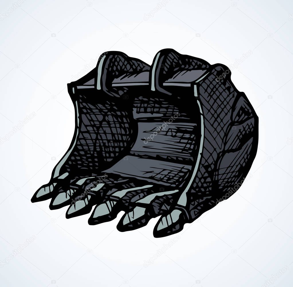 Steel big auto push arm for hoe rubble demolish on white land backdrop. Freehand outline black ink hand drawn build lift crane logo emblem pictogram sketchy in doodle style pen on paper space for text