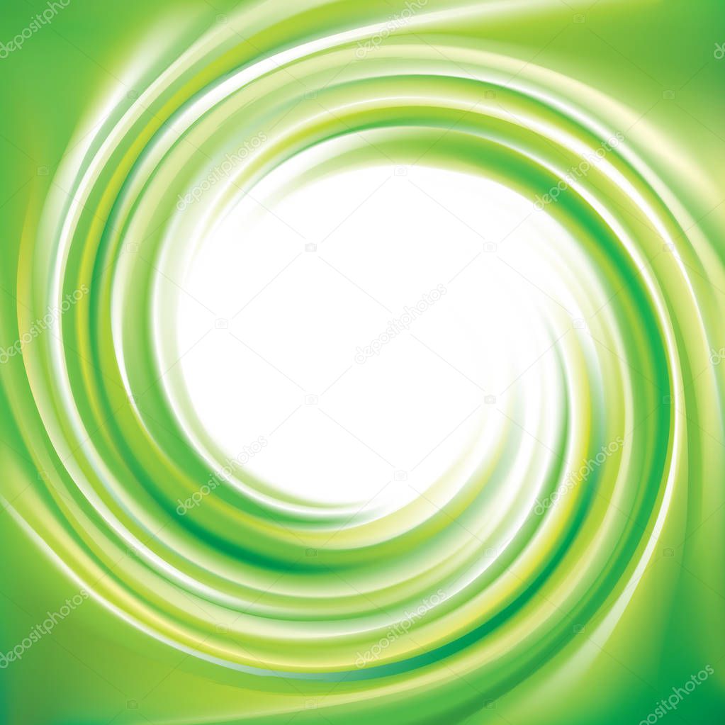 Vector swirling backdrop. Beautiful spiral liquid surface light green color with glowing white center in middle of funnel 