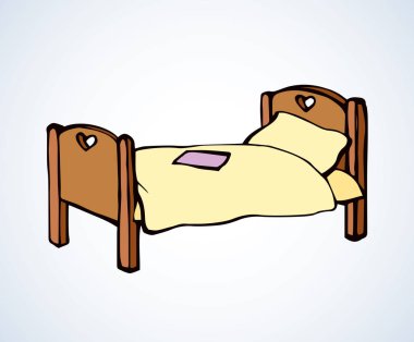 Boş klasik kahverengi ahşap rahat yumuşak trendy hostel ranza beyaz zemin üzerinde. Parlak renkli çizilmiş logosu sanat retro karalama karikatür tarzı içinde yarım yamalak ver. Portre görünümünde metin alanı olan