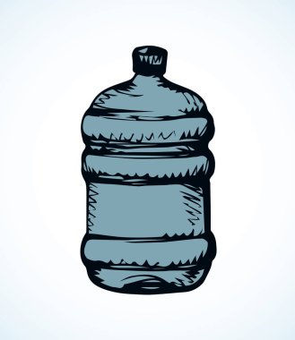 Beyaz arka plan üzerinde izole yeni büyük mavi şapkalı sürahi cep şişesi. Serbest el anahat mürekkep el logo piktogram kabataslak kağıt üzerinde sanat retro karalama stil hapiste çekilmiş. Alan için etiket metni içeren görünüm portre