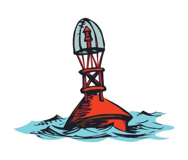 Eski grunge kıyı koni bobber bouy bayrak nesne bakış beyaz lake zemin üzerinde. Parlak kırmızı renkli el çekilmiş seyahat şekilde logo amblem kroki retro sanat karikatür tarzı metin üzerinde sky için yer Tarih