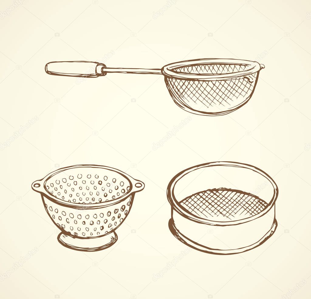 Old steel mesh percolate pot on white backdrop. Freehand line black ink hand drawn water filter bowl object logo emblem sketchy in art retro scribble engraving style pen on paper space for text