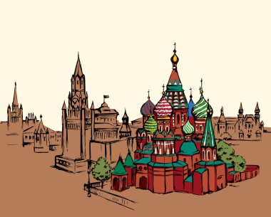 Yaşlı doğal st. Vasily cadde görünümü vintage işçinin şehir merkezindeki evinde kutsanmış. Parlak renkli el çizilmiş resim simgesi retro sanatta doodle sarı akşam gökyüzü zemin üzerinde metin için yer ile grafik stili