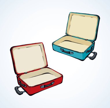 Büyük modern boş gövde kutusu sac beyaz Havaalanı zemin üzerinde. Canlı kırmızı ve mavi renk uçak takım elbise büyük holdall taşıyıcı. Parlak el çekilmiş logo amblem kroki retro sanat doodle tarzı metin için yer ile