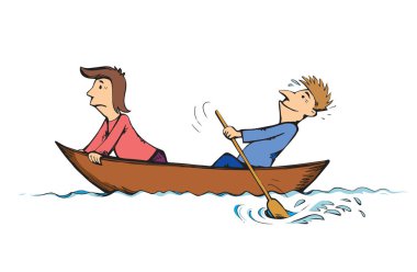Beyaz lake arka plan üzerinde izole eski küçük ahşap Kayak sandal gezisi 2 samimi şekil. Parlak renkli çizilmiş birlikte ekip çalışması eskiz sanat retro doodle çizgi roman tarzı. Yan görünümü ve metin üzerinde sky için yer