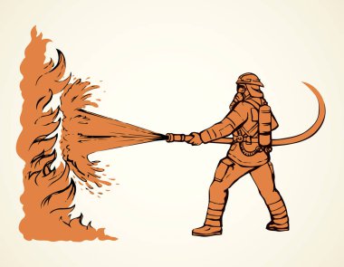 911 kurtarma cankurtaranı beyaz arka planda boru tutuyor. Serbest çizgi, siyah mürekkep, ateşe dayanıklı aşınma, kıyafet şapka amblemi amblemi eskimiş sanat karikatür tarzı kalem kağıt üzerinde metin alanı için