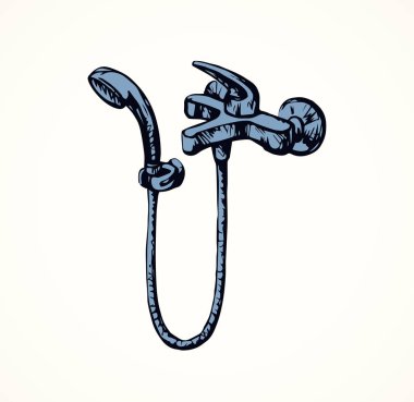 Beyaz banyo kabini arka planında çelik jet musluğu tasarımı. Siyah mürekkep çizili spa küveti obje amblemi resim retro doodle grafik çizgi film tarzı kalemle metin alanı üzerine çizilmiş