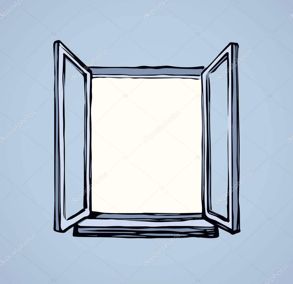 Modern new clear double pvc sash on light inside wall backdrop. Bright blue color hand drawn picture emblem sketchy in retro art scribble etch cartoon style. Front view with space for text