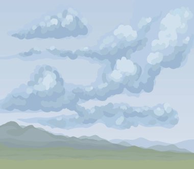 Soğuk Düzülke sis sahne gri cennet zemin üzerinde. Karanlık kasvetli mavi renk elle çizilmiş gale rocky mount resim kroki resim sanat karikatür grafik tarzı. Rüzgarlı panoramik boşaltmak metin için