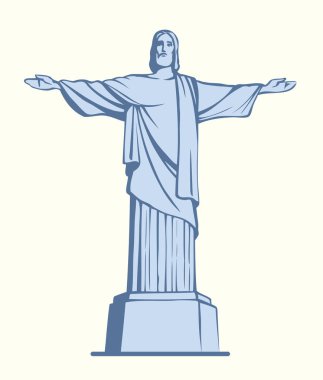 Cristo Redentor, Rio de Janeiro, Corcovado tepede, Brasil ayakta simgesi nimet açık görünüm. Serbest el çekilmiş arka plan kroki karalama antik stili tükenmez kalemle kağıt üzerinde alanı ile metin üzerinde sky için