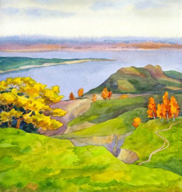 Renkli parlak el çekilmiş suluboya kroki çizim kağıt zemin metin için yer ile gloaming cennet. Sessiz romantik düşüş daybreak sahne. Defne deniz kıyısında sarı aspens görünümü plaj