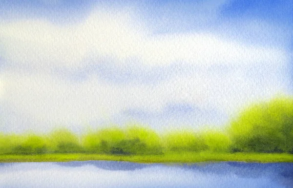 七彩快乐手工水彩纸背景与空间上碧空的文本上 在明亮的绿色阳光照射草甸与茂密的森林灌木丛附近清楚静谧的小溪在地平线上的光青色积 — 图库照片