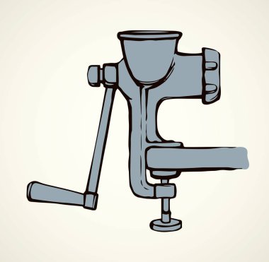 Antika demir mekanik meatgrinder değirmen beyaz zemin üzerinde. Siyah çizgi mürekkep çizim mutfak nesnesini aygıt logosu piktogram amblemi eski sanat doodle yarım yamalak basık karikatür tarzı kağıt alanı metin için