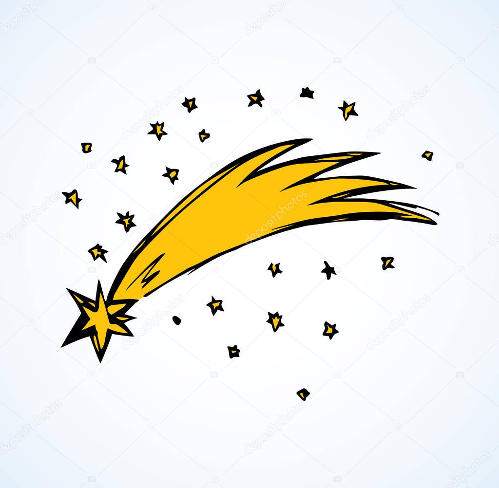 Cute starburst sparks on white backdrop. Greeting xmas eve pictogram emblem. Bright orange hand drawn design sketchy in art retro scribble engraving style pen on paper with space for text
