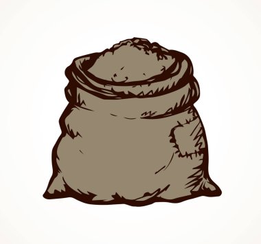 Büyük eski ağır kendir bezi sac çantası ile olgun patates kök beyaz zemin üzerinde izole. Serbest el anahat mürekkep el sanat retro doodle tarzı kalem kağıt ve alan metin etiket üzerinde çizilmiş resim kroki