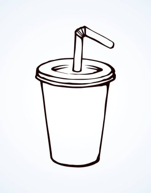 Lezzetli serin buz tatlı gaz softdrink kokteyl plastik Dara beyaz arka plan üzerinde baba. Çizgi siyah mürekkep el sanat doodle gravür tarzı kalem kağıt üzerinde alanı ile metin etiket üzerinde çizilmiş kupa logo kroki
