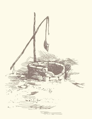 İsrail göçebe çiftlik köyündeki yaşlı Yahudi çeşme havzası. Koyu renkli, klasik karalama stili bir kalemle kağıda çizilmiş bir resim. Beyaz gökyüzünde metin için manzara görünümü ve boşluk