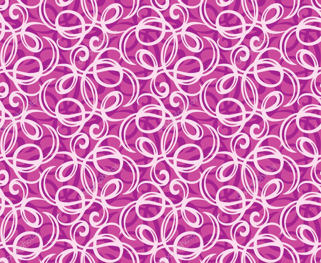 Old romantic crimson round whirl ribbon thread loop bow knot openwork on bright magenta fond. Dark lilac linear curly sketch drawing in art retro curlicue doodle tileable classic whorl deco style