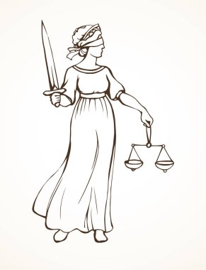 Kör adil justitia Bayan şekil beyaz mahkeme Kağıt arka plan üzerinde. Eski klasik sivil Yunan Femida heykel piktogram. Siyah çizgi antik sanat karikatür tarzı içinde yargı sipariş logo amblem kroki çizmek