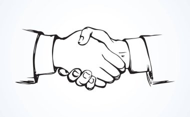 Resmi anlaşmak beyaz zemin üzerinde. Anahat siyah mürekkep çizilen iş logo amblem yarım yamalak modern sanat doodle çizgi karikatür grafik stili kalem kağıt alanı için metin içinde birleştirmek. Görünüm birlik Merhaba kavramı