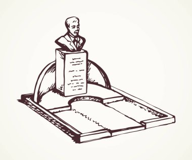 Beyaz bahçenin arka planında eski klasik mermer din mezarlığı tasarımı. Çizgi siyah mürekkep çizili politikacı cenazeci logosu eski sanatsal karalama tarzı kalemle metin alanı üzerine çizilmiş