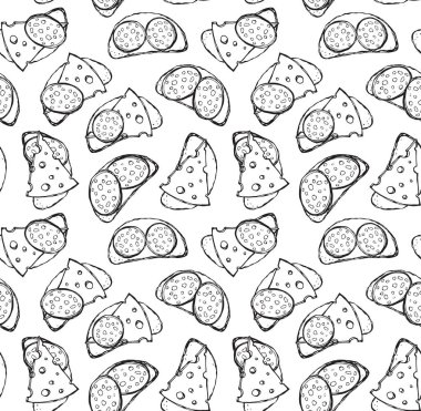 Lezzetli net buğday tahıl somun bun parça kesmek ve gözenekli swiss süt çedar parça beyaz zemin üzerinde kesme. Çizgi siyah mürekkep el çekilmiş fırında mutfağı menü simgesini işaret kroki retro doodle karikatür grafik stili